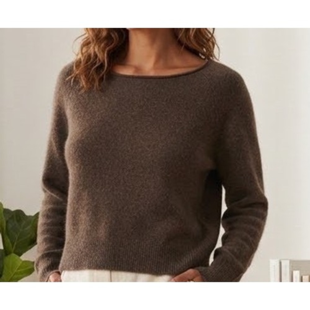 Quince Mongolian Cashmere Boatneck Sweater Brown Large Raglan Sleeve Ribbed Hem